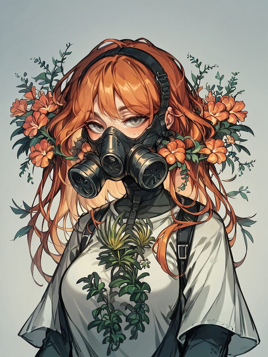 score_9, score_8_up, score_7_up, score_6_up, score_5_up, score_4_up, large breasts, ginger hair, 1girl, <lora:yum4rtXLP:0.8> yum4rt, plants, glass gas mask,