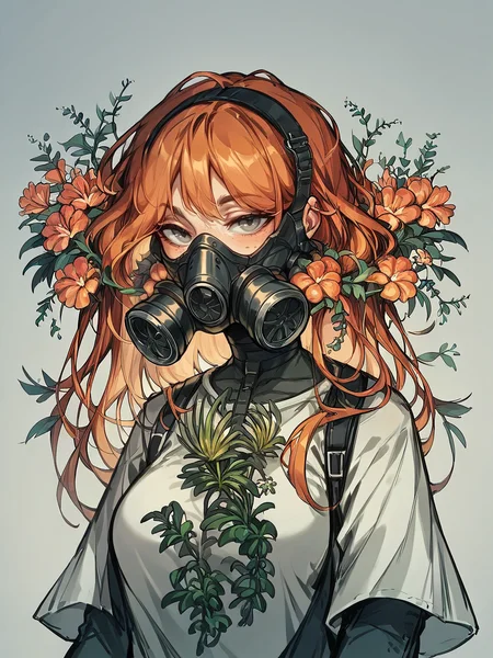 score_9, score_8_up, score_7_up, score_6_up, score_5_up, score_4_up, large breasts, ginger hair, 1girl, <lora:yum4rtXLP:0.8> yum4rt, plants, glass gas mask,