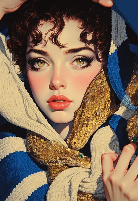 A highly detailed digital painting captures a mesmerizing close-up of a woman’s face with a striking golden serpent coiled elegantly around her neck. Her complexion is a rich, warm olive with a subtle flush on her cheeks, complementing her dark auburn hair, styled with soft bangs that gently frame her face. Her piercing amber eyes are intensified by bold sapphire-blue makeup, extending in a sharp, winged shape that adds an air of mystique. Her full lips are slightly parted, heightening the intimate and enigmatic aura of the composition. The serpent’s scales are rendered with exquisite precision, their shimmering golden hue reflecting ambient light, creating a luminous contrast against the woman’s textured, deep navy and ivory-striped scarf, which wraps snugly around her neck with a cozy, knitted texture. The snake’s head rests near her cheek, its intense emerald-green eyes locking with the viewer in an almost hypnotic gaze. The background remains minimal, emphasizing the intricate interplay of textures, colors, and details, crafting an atmosphere that is both serene and strikingly intense. (ArsMJStyle, Colored pencil hyperdetailed realism, By Donna Young, Detailed hand, Hand, Perfect hand, aesthetic_pos3, dynamic_pos3)