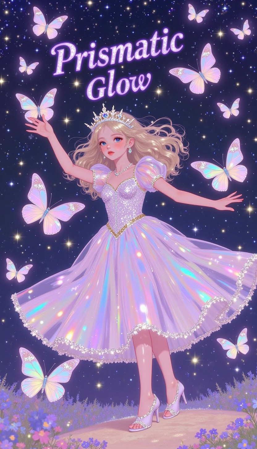 pinkprismaticglow, with text: ("Prismatic Glow":1.5)
A celestial dancer twirls in a cosmic dreamscape, surrounded by glowing butterflies that leave trails of stardust. Among them, a cluster of butterflies forms the delicate, radiant words 'Prismatic Glow', their wings pulsing with soft light.