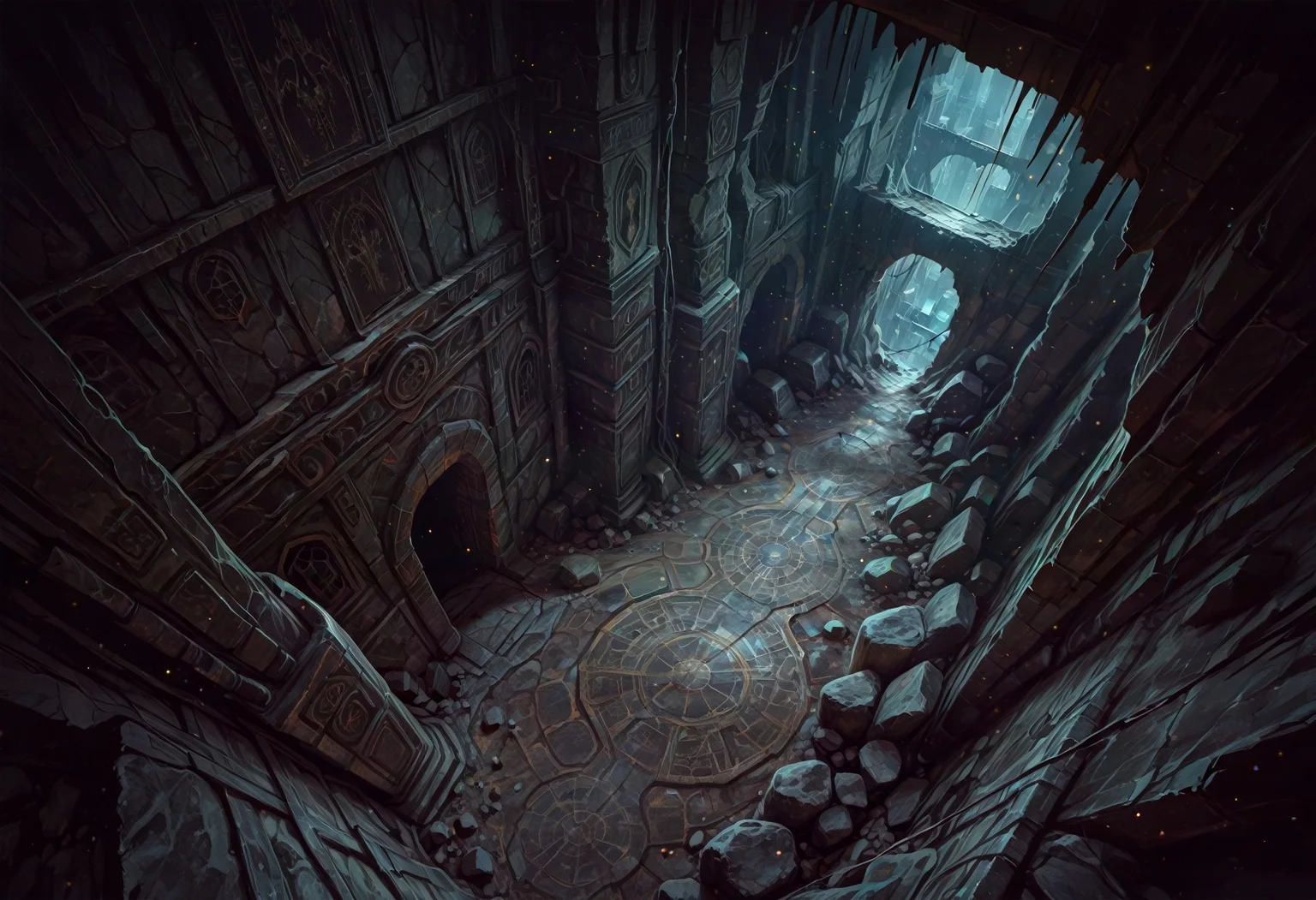 masterpiece, best quality, amazing quality, very aesthetic, absurdres, dark theme, realistic, (underground ruins, ruins, high angle view, cityscape view, indoors, buildings, dark theme, dynamic angle, detailed background, light particles)