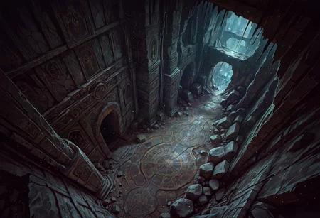 masterpiece, best quality, amazing quality, very aesthetic, absurdres, dark theme, realistic, (underground ruins, ruins, high angle view, cityscape view, indoors, buildings, dark theme, dynamic angle, detailed background, light particles) 