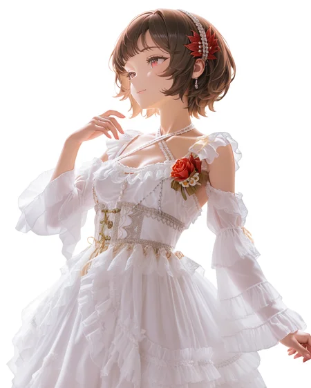 Positive: Masterpiece, best quality, amazing quality, very aesthetic, high resolution, ultra-detailed, absurdres,
1girl,solo,white_background,
schndef, short hair, feather hair ornament,small breasts,brown hair, red eyes,white hairband, 
white off-shoulder lace ruffled dress,
white dress,white off-shoulder,lace,frills,
criss-cross halter,
corsage,jewelry,
long sleeves,detached sleeves,
cowboy_shot,looking_up,hand_up, 