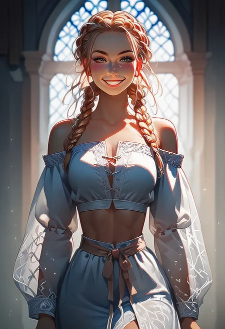 Daniella, score_9, score_8_up, score_7_up, score_6_up, score_5_up, score_4_up, girl, (beautiful face, cute face, 18 years old), multiple braids, medieval dress, off shoulder, midriff, (tiny waist, flat stomach, narrow hips):1.4, inside cozy medieval cabin, soft lighting, smiling, blush, looking at viewer, g0thicPXL, glowing, neon, Expressiveh