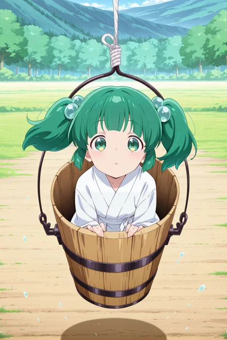 absurdres, highres, masterpiece, best quality, amazing quality, official anime artwork, screencap, anime screencap, outdoors, looking at viewer, midair, 
<lora:Kisume_Illustrious:1> kisume, 1girl, solo, green eyes, green hair, short hair, short twintails,, hair bobbles, white kimono, long sleeves, wooden bucket, in bucket,