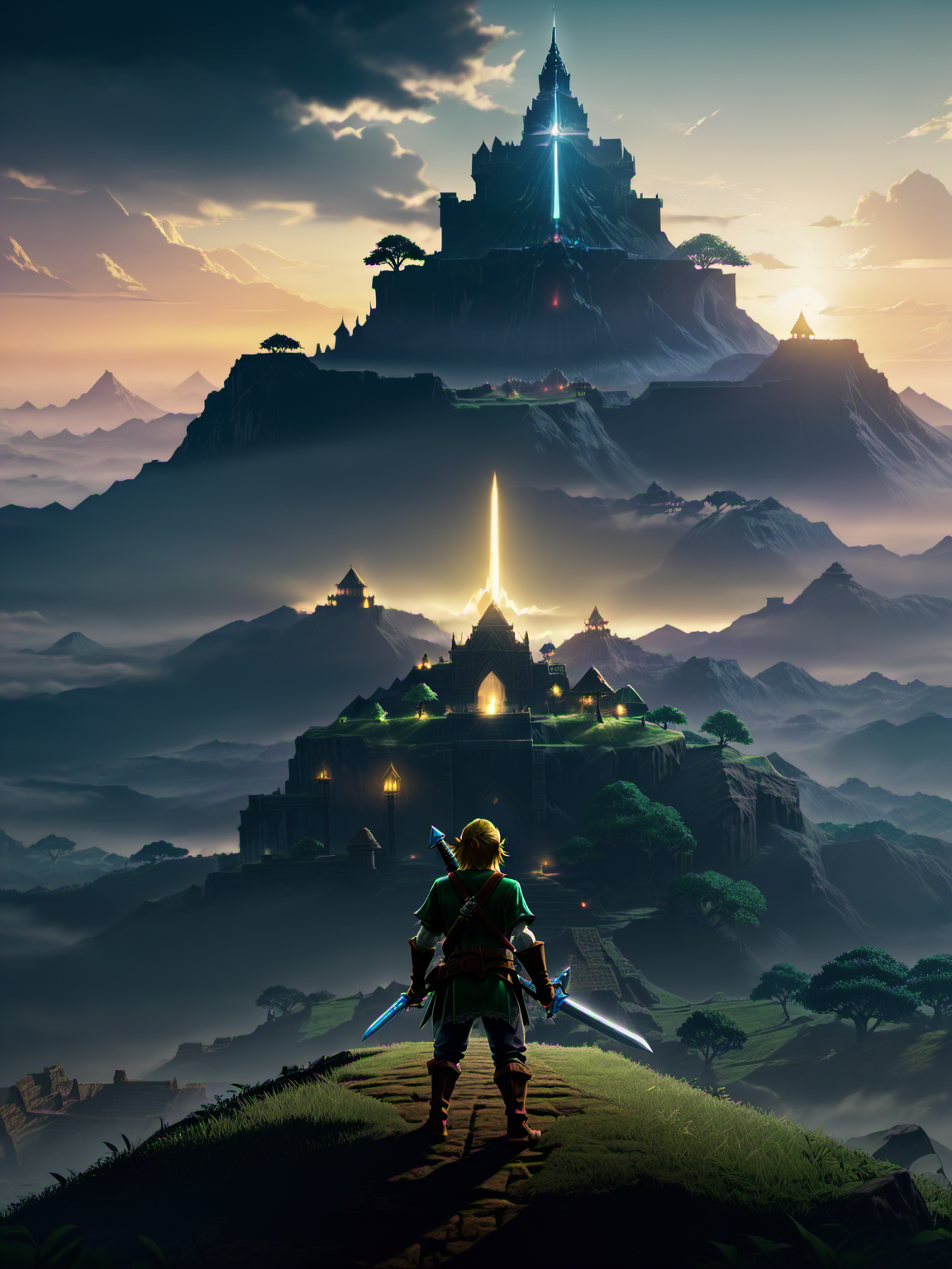 cinematic closeup Link, with the Master Sword in hand, journeying through the vast landscapes of Hyrule, with the silhouette of Hyrule Castle overshadowed by Calamity Ganon's dark presence, extreme details, volumetric lighting, cinematic scene, full focus, 16k, UHD, HDR<lora:xl_real_beta1:1>
