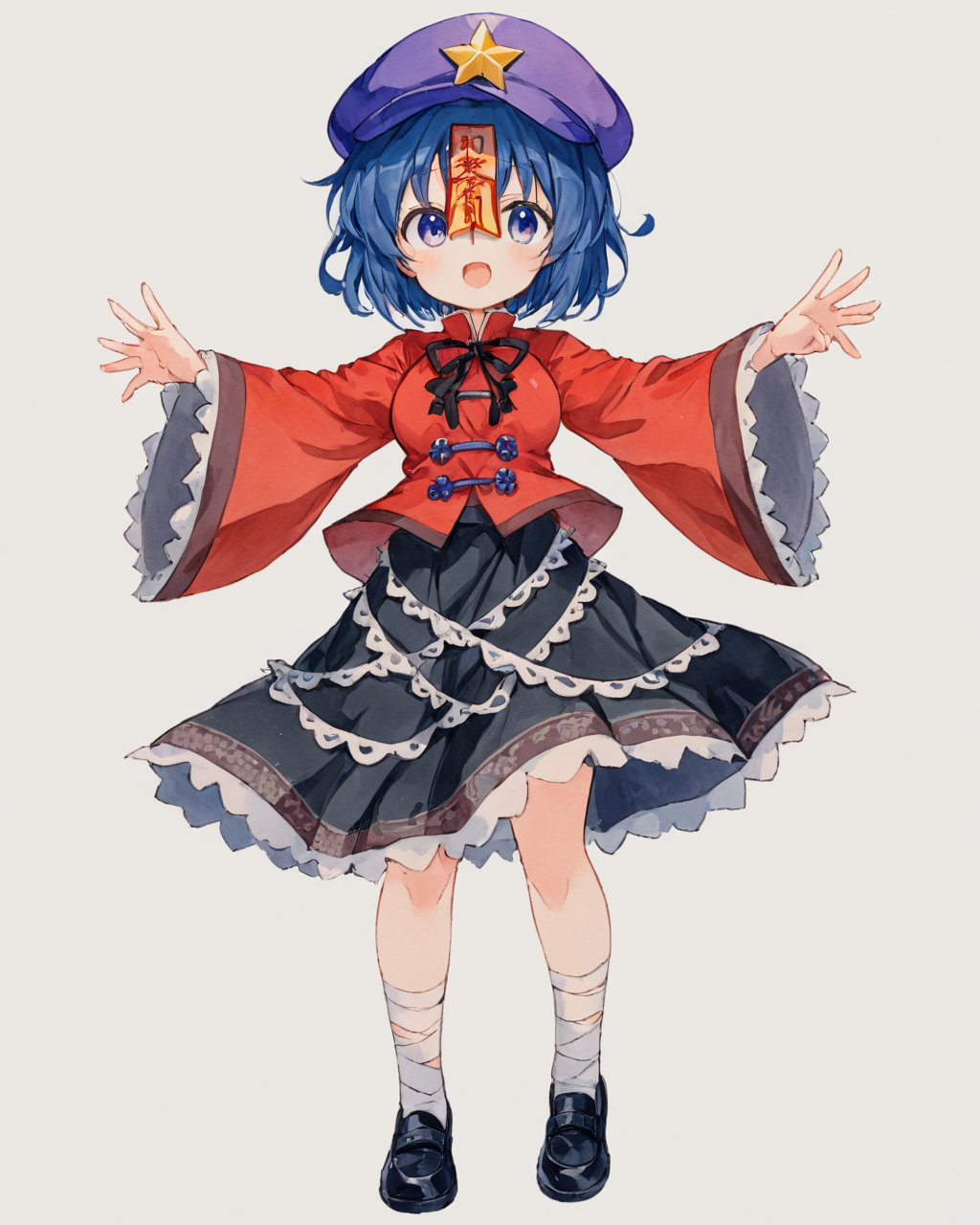 miyako yoshika,1girl, solo, cabbie_hat, star_\(symbol\), black_skirt, open_mouth, red_shirt, star_hat_ornament, tangzhuang, full_body, purple_headwear, bandaged_leg, black_footwear, wide_sleeves, black_ribbon, traditional_media, jiangshi, ofuda, looking_at_viewer, neck_ribbon, teeth, zombie_pose, breasts, shoes, long_sleeves, watercolor_\(medium\)
<lora:miyako_yoshika_image2483_2023-12-20:1>,star-shaped_pupils,symbol-shaped_pupils,. gorgeous,key visual, vibrant, studio anime,award-winning, professional, highly detailed,high budget, cinemascope