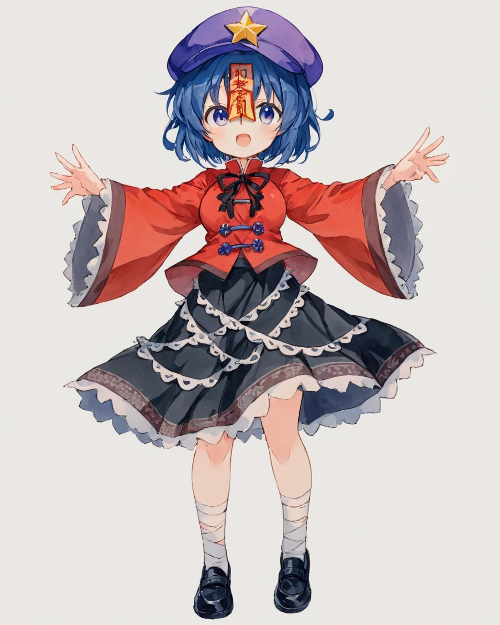 miyako yoshika,1girl, solo, cabbie_hat, star_\(symbol\), black_skirt, open_mouth, red_shirt, star_hat_ornament, tangzhuang, full_body, purple_headwear, bandaged_leg, black_footwear, wide_sleeves, black_ribbon, traditional_media, jiangshi, ofuda, looking_at_viewer, neck_ribbon, teeth, zombie_pose, breasts, shoes, long_sleeves, watercolor_\(medium\)
<lora:miyako_yoshika_image2483_2023-12-20:1>,star-shaped_pupils,symbol-shaped_pupils,. gorgeous,key visual, vibrant, studio anime,award-winning, professional, highly detailed,high budget, cinemascope