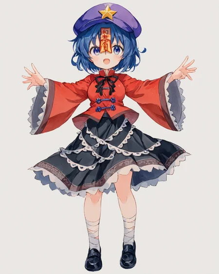miyako yoshika,1girl, solo, cabbie_hat, star_\(symbol\), black_skirt, open_mouth, red_shirt, star_hat_ornament, tangzhuang, full_body, purple_headwear, bandaged_leg, black_footwear, wide_sleeves, black_ribbon, traditional_media, jiangshi, ofuda, looking_at_viewer, neck_ribbon, teeth, zombie_pose, breasts, shoes, long_sleeves, watercolor_\(medium\)
<lora:miyako_yoshika_image2483_2023-12-20:1>,star-shaped_pupils,symbol-shaped_pupils,. gorgeous,key visual, vibrant, studio anime,award-winning, professional, highly detailed,high budget, cinemascope