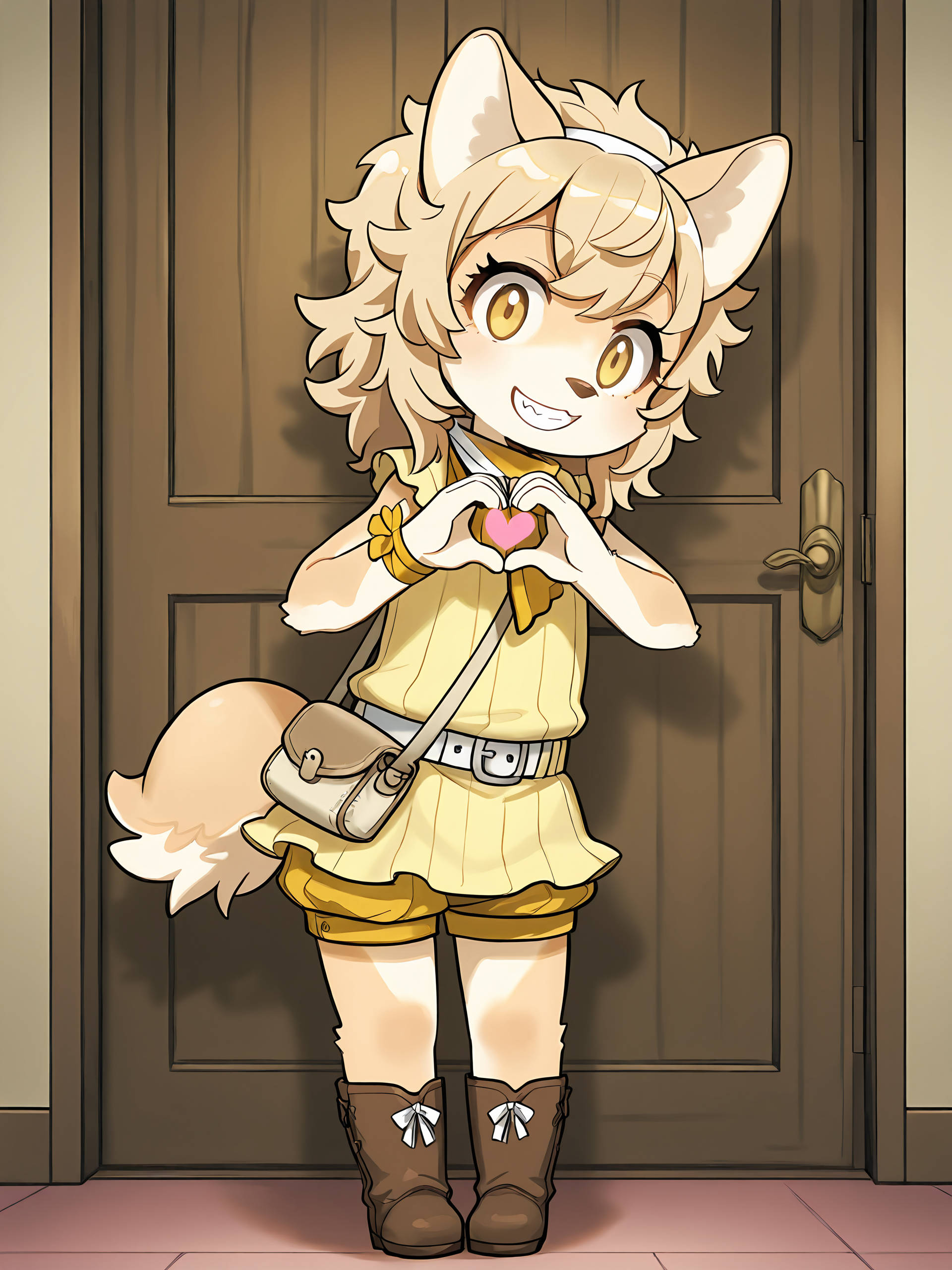 BREAK, <lora:Chick_Montblanc_Illustrious_V1:1>, Chick Montblanc, Fuga: Melodies of Steel, kemono, furry female, 1girl, dog girl, beige fur, white fur, multicolored fur, yellow eyes, blonde hair, short hair, animal ears, dog ears, dog tail, Fuga 2 Appearance, long hair,
BREAK, Fuga 2 Outfit, brown boots, yellow shorts, yellow dress, sleeveless, white ribbon, white belt, handbag, yellow neckerchief, wrist ribbon, hairband,
BREAK, solo, full body, inside, looking at viewer, standing, smile, head tilt, teeth, hand heart, forming heart with hands,