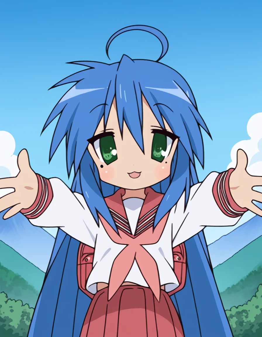 score_9, score_8_up, score_7_up, source_anime, <lora:konata-izumi-s1-ponyxl-lora-nochekaiser:1>, konata izumi, long hair, very long hair, green eyes, blue hair, ahoge, mole, mole under eye,, skirt, long sleeves, school uniform, pleated skirt, serafuku, sailor collar, neckerchief, red skirt, ryouou school uniform,, mountain trail, hiking, nature, backpack, adventure, fresh air, , <lora:incoming-hug-ponyxl-lora-nochekaiser:1>, incoming hug, looking at viewer, reaching, reacing towards viewer, outstretched arms,, bedroom, smile, blush, parted lips, looking at viewer, solo,, dutch angle, cowboy shot