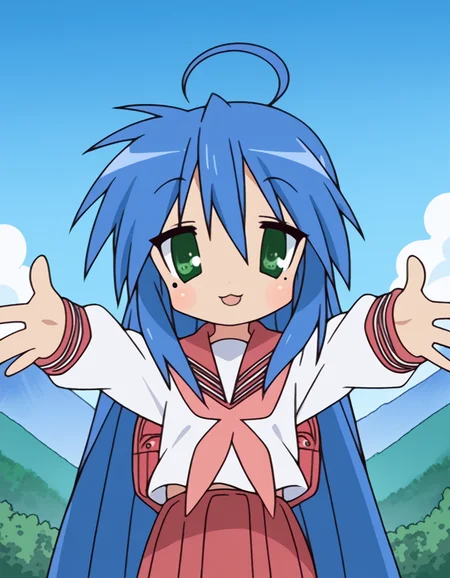 score_9, score_8_up, score_7_up, source_anime, <lora:konata-izumi-s1-ponyxl-lora-nochekaiser:1>, konata izumi, long hair, very long hair, green eyes, blue hair, ahoge, mole, mole under eye,, skirt, long sleeves, school uniform, pleated skirt, serafuku, sailor collar, neckerchief, red skirt, ryouou school uniform,, mountain trail, hiking, nature, backpack, adventure, fresh air, , <lora:incoming-hug-ponyxl-lora-nochekaiser:1>, incoming hug, looking at viewer, reaching, reacing towards viewer, outstretched arms,, bedroom, smile, blush, parted lips, looking at viewer, solo,, dutch angle, cowboy shot