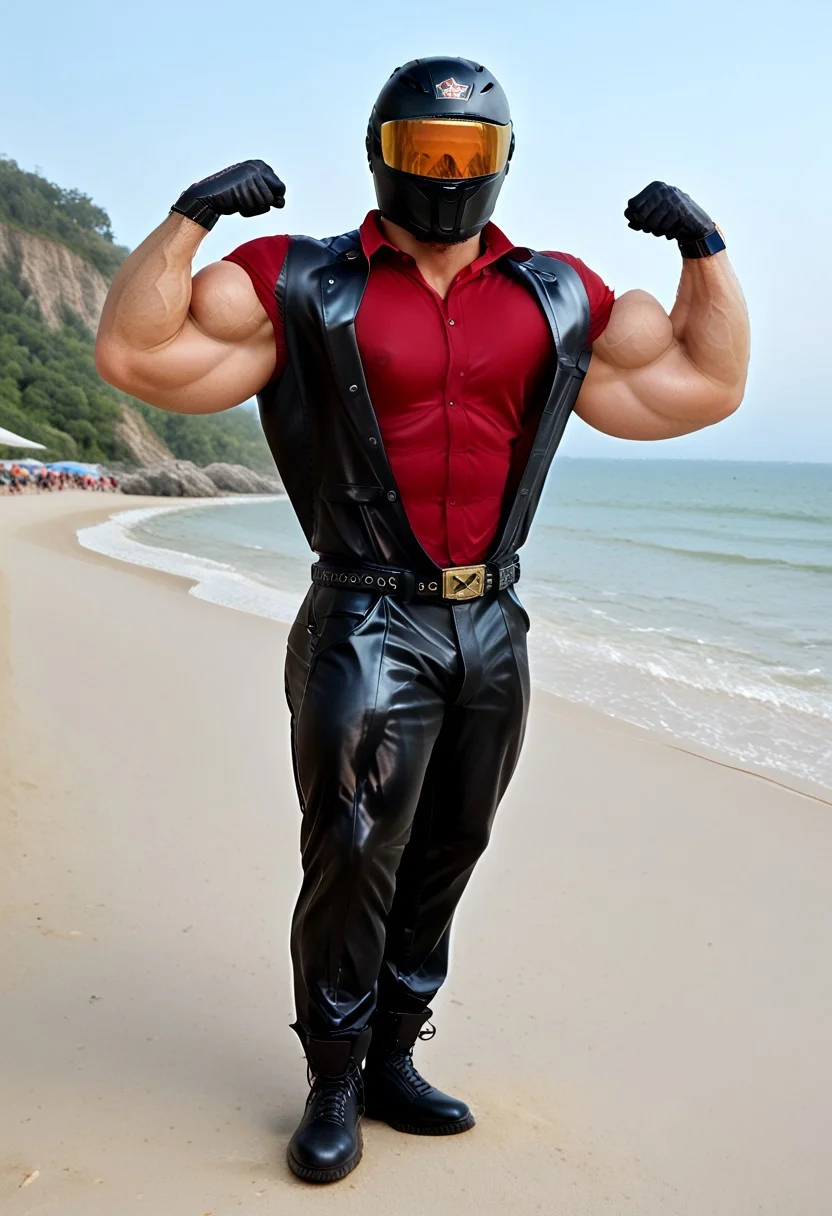 score_9, score_8_up, score_7_up, photo, photorealistic, rating_explicit, (solo:1.1), 1boy, black helmet with tinted visor, muscular male, masculine male, black glossy leather blazer suit, red glossy spandex shirt, formal, glossy pants, belt, skintight, black rubber gloves, black rubber boots, abs, nipples, pecs, flexing, proud, sweaty, outdoors beach, five digits