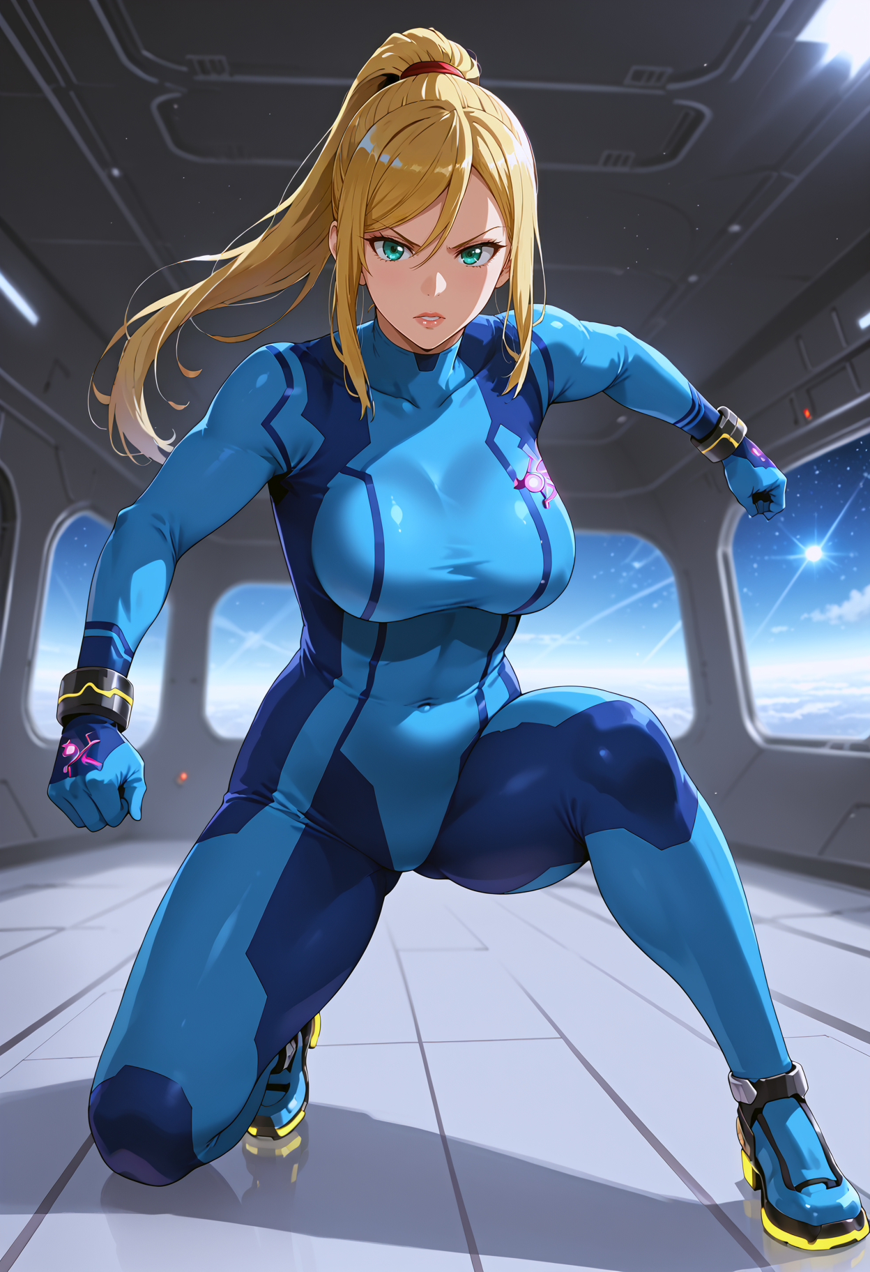 takeda hiromitsu style, source_anime, anime screencap, uncensored, dynamic angle, dynamic view, takeda hiromitsu style, dynamic pose, foreshortening, extreme perspective,
sole female, solo, 1girl, samus aran, blonde hair, swept bangs, long hair, ponytail, mole under left lip, turquoise eyes, zero suite, blue body suit, blue gloves, metal bracelets, sagging breasts, medium breasts, skintight, fully dressed, action pose, dynamic pose, determined, superhero landing, dynamic pose, holding gun, complex background, detailed background, inside giant spacecraft, outer space in window, multiple galaxies in the background, giant view of space, giant window with a view of space, view of planets, view of stars, depth of field, blurry background, volumetric lighting, back lighting, side lighting, 3 point lighting, reflective floor, glossy floor, reflective interior,
<lora:takeda_hiromitsu_style_xl_goofy:1.0>, <lora:DynamicPose_alpha1.0_rank4_noxattn_100steps:3.0>, <lora:Superhero_landing:0.5>