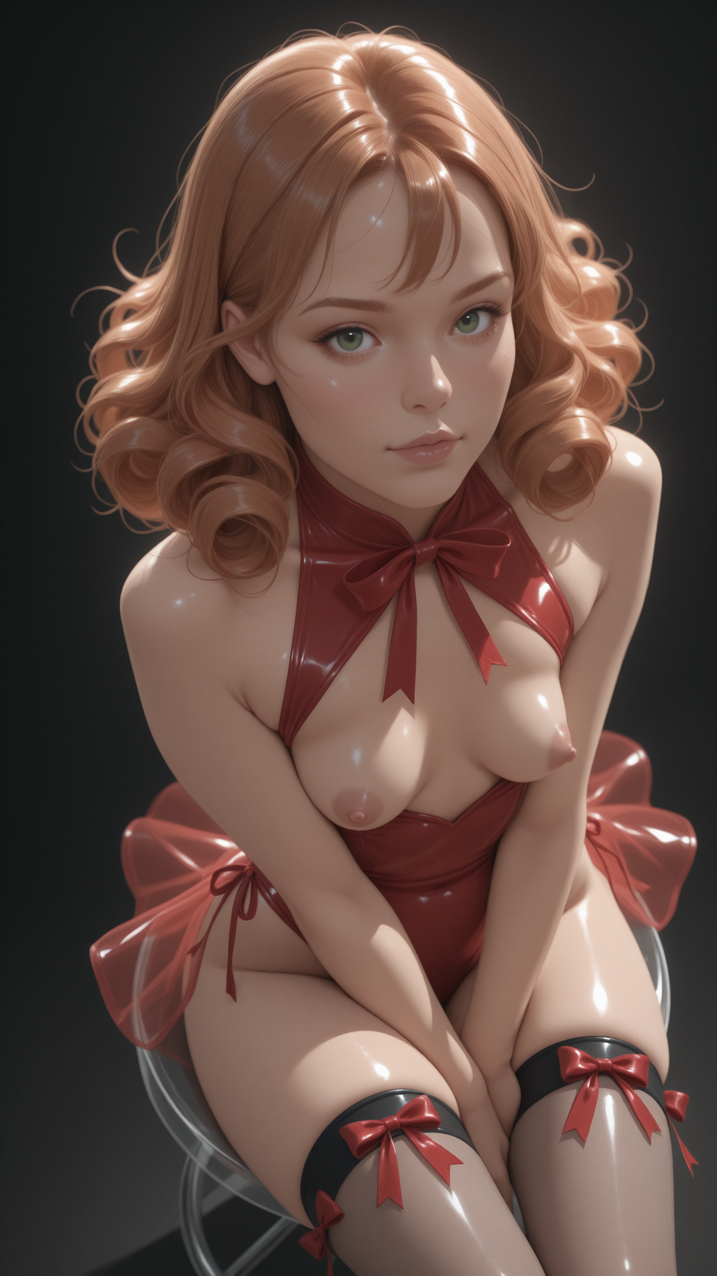 1girl, woman, solo, copper hair, curly hair, curls, green eyes, red vsbl, transparent, leotard, red skirt, ribbons, thigh highs, breast cutout,
small breasts, saggy breasts, sitting, on a bar stool, hands between legs, looking at viewer, masterpiece, best quality, high resolution, very aesthetic, absurdres, newest, professional, high-quality, hyper-realistic, portrait of a woman, detailed eyes, realistic body,
black background, dimmed light, deep shadows,(front view:1.1), from above, dynamic motion, 
<lora:visible-000001:0.8>
