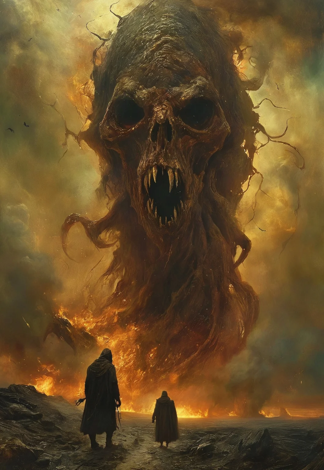 dream liminal space, strange land, abstract, folk horror, movie and character design, moody, (giant strange warped creature:1.2),giant,skinny,bird-like,ready for attack,screaming in rage, torches, flock of crows, gothic post-apocalyptic impressionism,mysterious,paranormal, Ivan Albright,Dragan bibin,nicola samori,Odd Nerdrum, Agostino Arrivabene,Daniele Valeriani,looking up from below, (gopro shot:1.5),fisheye,dramatic angle,eerie,eldritch, unsettling, creepy, suspenseful, grim, highly detailed,dread atmosphere,terror,primal fear,worst nightmare,abomination
