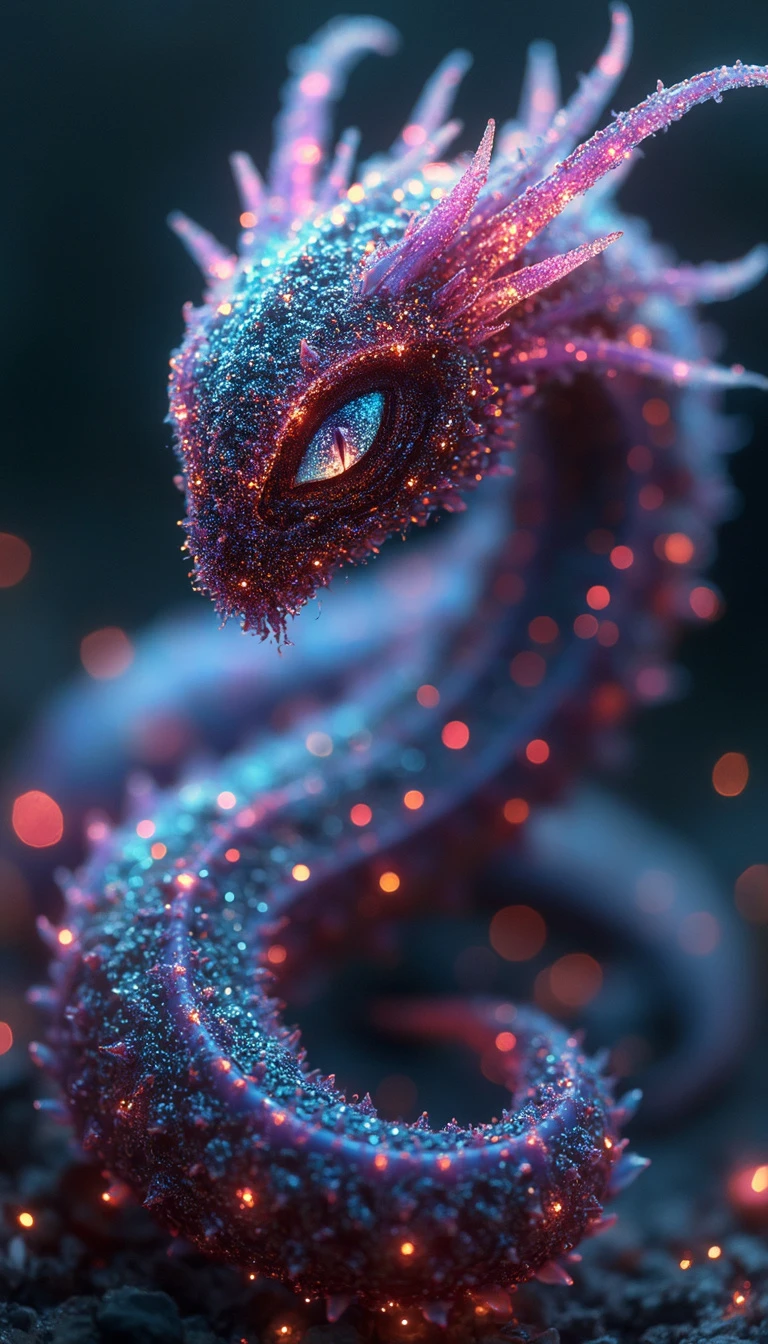 A dazzlingly shimmering sonic symbiote radiates bioluminescent hues, embodying a captivating blend of enchantment and vibrancy. Its luminescent tendrils pulsate with vivid colors, while its ethereal form undulates gracefully. By alex1shved. This mesmerizing subject is showcased in an impeccably detailed photograph.