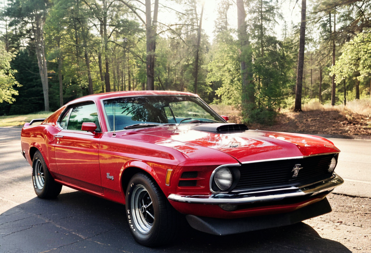 ClassicMuscleCar, red Ford Mustang, side view, sunny, road, vegetation, trees, 4K, highly detailed, (stylish grainy analog 35mm film photo, "BUZZ")