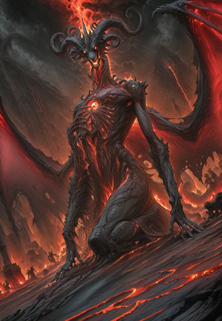 masterpiece, best quality, very aesthetic, absurdres, r17329_illu, sketch, xxx667_illu. A towering, apocalyptic dragon, his colossal frame dominates the scene, his scorched black scales gleaming like obsidian armor, each one jagged and worn from countless wars. His left eye is scarred and blinded, the wound extending down his battle-ravaged side, a permanent reminder of brutal conflicts. His left forelimb, torn from his body long ago, has been replaced with a black metal talon, fused to his being, shaped like a demonic dragon’s claw. Molten veins glow beneath his scales, pulsating like liquid fire.
His head is monstrous, framed by a crown of twisted, charred horns, cracked but unbroken. A fiery red mane, wild and uncontained, flickers and dances like an eternal inferno. His glowing white eyes, burning with insanity, pierce through the shadows, radiating madness and destruction. His wings, massive and battle-torn, stretch wide, their magma-filled membranes glowing ominously, tattered yet unyielding. His chest rises and falls, each breath shaking the earth, embers swirling around him.
From a cinematic dutch angle, he looms over the viewer, firelight casting deep shadows over his monstrous form. The very air distorts from the overwhelming heat radiating off him. His power is boundless, his rage volcanic—he is an unstoppable force of annihilation, poised to reduce the world to cinders.