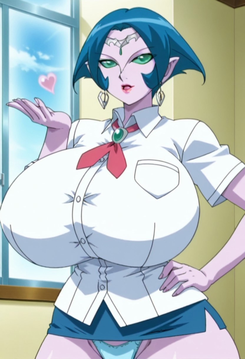anime screencap,anime coloring,1girl,solo,SerenaSheen,colored skin,blue hair,short hair,green eyes,pointy ears,lipstick,jewelry,earring,school shirt,micro skirt,blue panties,gigantic breasts,smile,open mouth,gigantic butt,blowing kiss,hand on hip