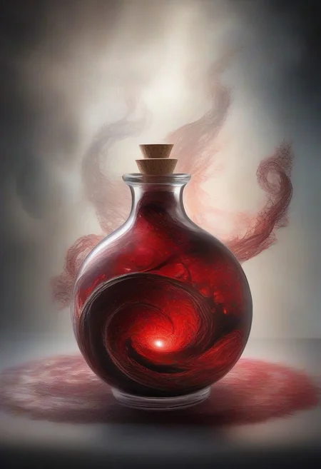 Score_9, Score_8, Photorealistic magic potion, intricate glass bottle, vibrant swirling black and red colors, ethereal light, wax seal, cork, dynamic reflections, magical aura, highly detailed, fantasy essence, glowing particles, radiant aura