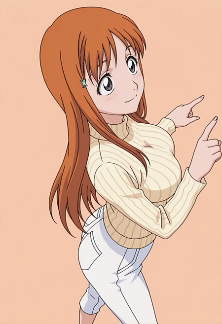masterpiece, best quality, amazing quality, anime screencap, anime coloring, 1girl, solo, <lora:DX888Orihime:1> inoue orihime, grey eyes, orange hair, long hair,
hairclip,turtleneck sweater, ribbed sweater, capri pants, white pants BREAK brown background, rainbow background, (simple background:1.2) BREAK (dynamic pose:1.2), smile, blsuh, pointing at another, contrapposto, from above, from side,
