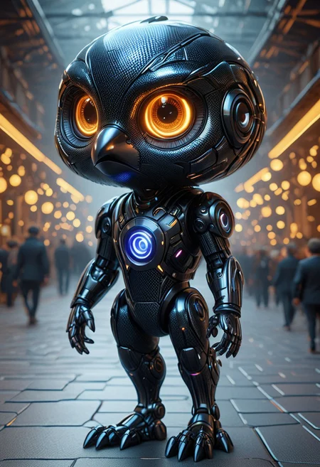 A hyperrealistic cute and funny pixar movie like 3d render of a bird in cf_style, bokeh, looking up, depth of field, simple background, cubes and sphere background, futuristic, cyber lines, cyberpunk vibes, mobe-cybideen, masterpiece, absurdres, vibrant, scifi simple lines setting, dynamic angle, dynamic pose, dramatic light, highly detailed, high resolution textures, ultra high resolution,