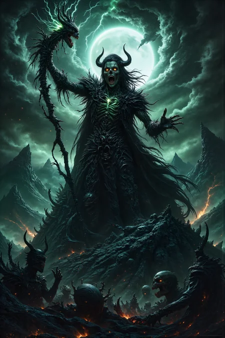 A hyper-realistic portrait, photorealistic photo close-up image of A middle-aged male necromancer with slick, greasy black hair and pale, ashen skin stands atop a jagged mountain of bones in a desolate, moonlit wasteland. His race is a Gaunt-kin, a race known for their emaciated, skeletal frames. He wears a suit made entirely of stitched-together shadows, which ripple and shift around him as if alive. His hollow, sunken eyes gleam with a sickly green light as he raises a staff made of twisted, blackened wood, summoning the spirits of the dead from the mountain below. The sky above is a swirling mass of dark clouds, illuminated only by occasional flashes of eerie, green lightning. As he chants in a forgotten tongue, the bones at his feet begin to rattle and rise, forming grotesque, skeletal warriors ready to do his bidding. His sinister laughter echoes across the barren landscape, sending chills through the very air as his dark army awakens.(photography, high-resolution, dynamic, energetic,hyper-realistic, dramatic lighting, shallow depth of field.), detailmaximizer, MythP0rt<lora:midjourney_whisper_flux_lora_v01><lora:aidmaMJ6.1-FLUX-V0.1:0.4><lora:FluxMythP0rtr4itStyle:0.4><lora:FluxDFaeTasticDetails:0.4><lora:detailed_flux_ntc:2.2><lora:aidmaImageUpgrader-FLUX-V0.1:0.65>