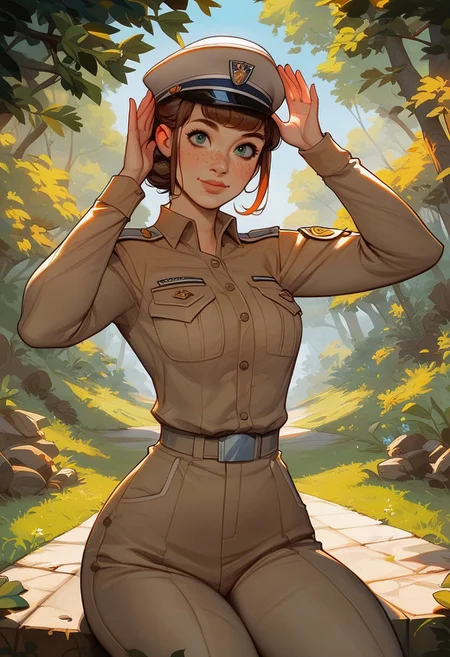 (score_9, score_8_up, score_7_up), 1girl, freckles, 1woman, gorgeous girl, kawaii face, looking at viewer, cute face, cute woman, updo, bangs, park ranger uniform, (slim fit), sexy thighs, ((wide hips)), park ranger, redwood forest, green khakis, hat, cute pose