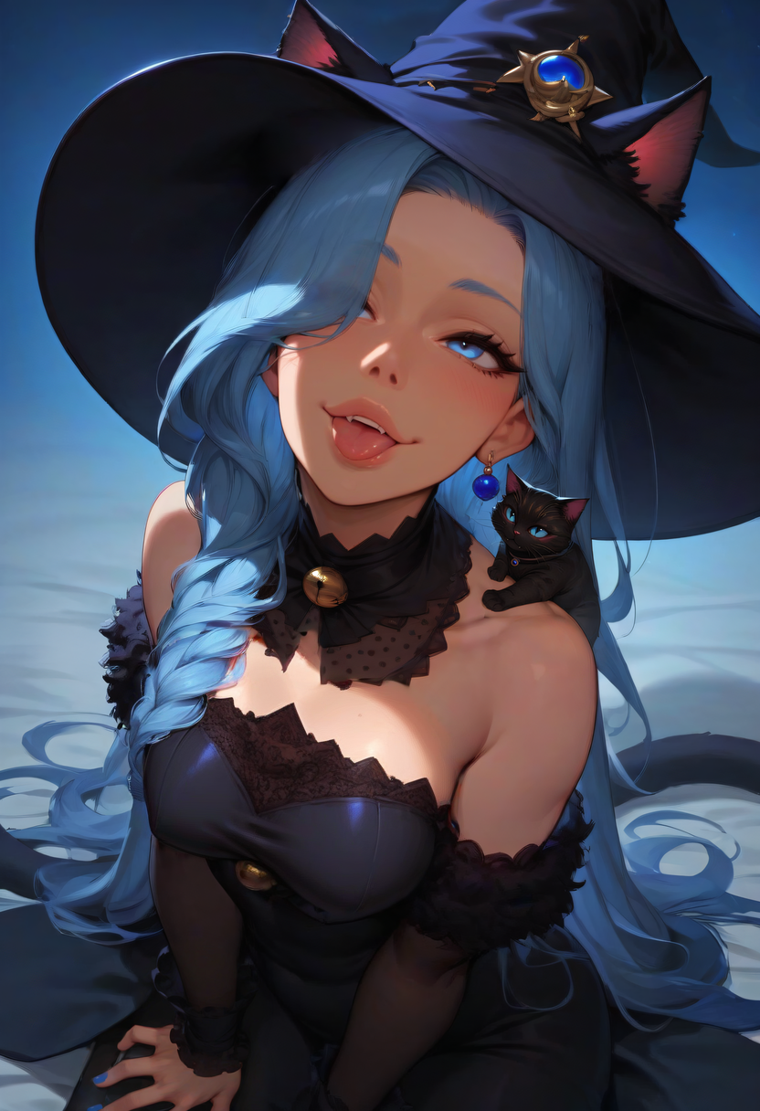 [--------------------------------------- BASE ----------------------------------------::-1]
(masterpiece,best quality, highly detailed, score_9, score_8_up, score_7_up, score_6_up,source_anime)
[--------------------------------------- VIEW ----------------------------------------::-1]
(from above) (from side)
[--------------------------------------- SITE ----------------------------------------::-1]
(blueberry:1.6) (blue fog) (blue theme)
[--------------------------------------- CHAR ----------------------------------------::-1]
[--------------------------------------- BODY ----------------------------------------::-1]
(medium breasts)
[--------------------------------------- MOVE ----------------------------------------::-1]
(looking up) (kneeling)
[--------------------------------------- FACE ----------------------------------------::-1]
(eyeliner) (blue eyes) (smile) (head tilt:1.4) (tongue out)
[--------------------------------------- HAIR ----------------------------------------::-1]
(blue hair) (long hair) (twintails) (hair over one eye) (blueberry hair ornament)
[--------------------------------------- WEAR ----------------------------------------::-1]
(blue fingernails) (witch) (witch hat:1.8) (black dress) (ornate clothes:1.8) (cat ears:1.8)
[--------------------------------------- LORA ----------------------------------------::-1]
<lora:Expressive_H-000001:1> Expressiveh
<lora:princess_xl_v1:1>
<lora:incase-ilff-v3-4:0.8>
<lora:g0th1cPXL:0.35> g0thicPXL
