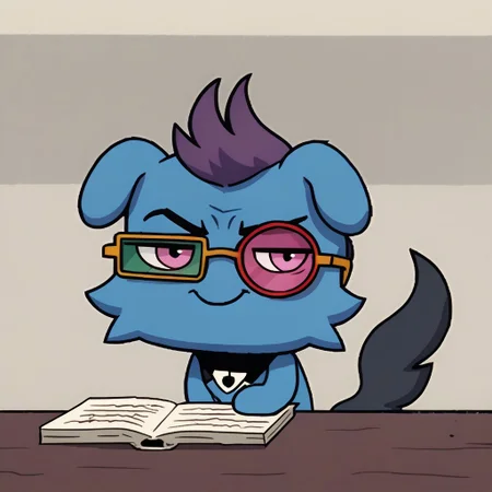 cu1t art style, 2d, Teasing, A playful smirk, a raised eyebrow, and a hint of dominance, Depresso, blue body, purple hair, pink eyes, black tail, sjglasses,