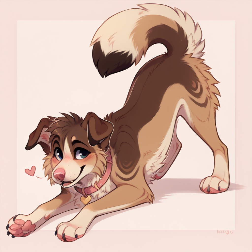 solo, mammal, feral, canine, canid, fur, collar, simple background, pink background, ambiguous gender, domestic dog, tail, canis, <3, paws, pink pawpads, brown body, digital media (artwork), brown fur, pawpads, tuft, facial tuft, cheek tuft, ass up, pink nose, raised tail, tan fur, smile, tan body, hair <lora:gosdoq_1.0Pony:1>