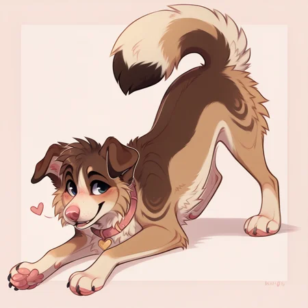 solo, mammal, feral, canine, canid, fur, collar, simple background, pink background, ambiguous gender, domestic dog, tail, canis, <3, paws, pink pawpads, brown body, digital media (artwork), brown fur, pawpads, tuft, facial tuft, cheek tuft, ass up, pink nose, raised tail, tan fur, smile, tan body, hair <lora:gosdoq_1.0Pony:1>