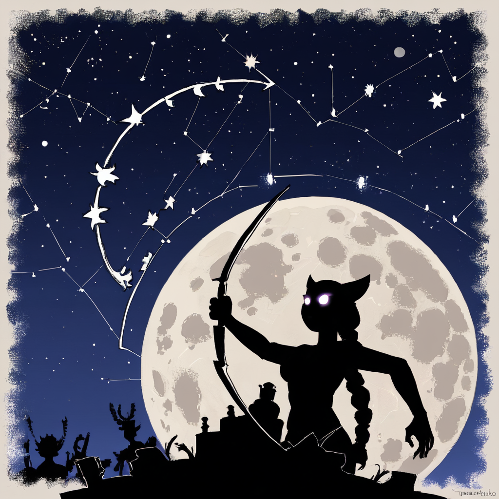 1girl, <lora:Io-11PLDXL:0.8>, ioxl, silhouette, stars, constellation, night sky, oil painting, outline,  glowing eyes, braid, moon only, bow and arrow, artemis