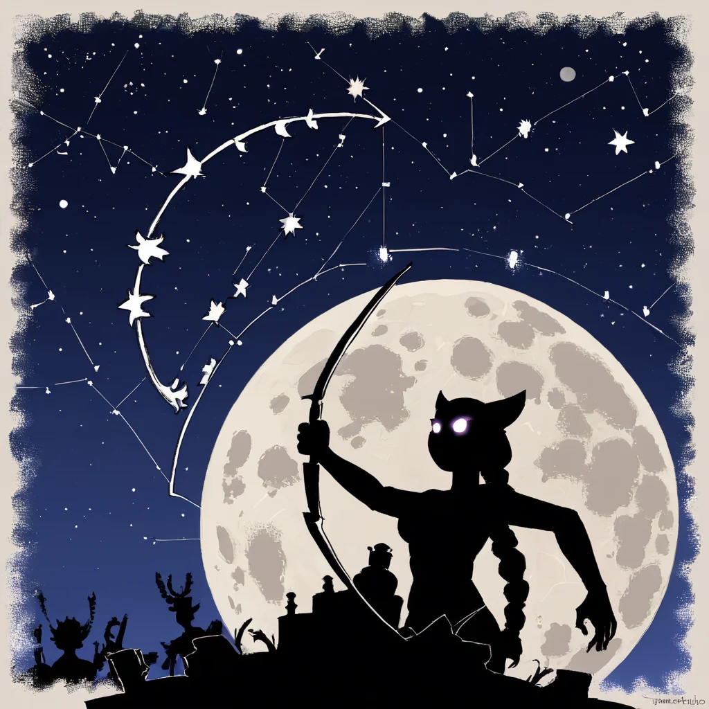 1girl, <lora:Io-11PLDXL:0.8>, ioxl, silhouette, stars, constellation, night sky, oil painting, outline, glowing eyes, braid, moon only, bow and arrow, artemis