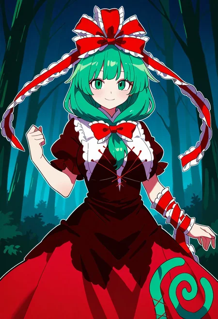 ((bollzzalguy style)), ((forest background)), night, 1girl, solo, looking at viewer, ((standing)), (posing), smile, ((large breasts)), ((kagiyama hina)), green hair, green eyes, front ponytail, red dress, hair bow, red bow, puffy short sleeves, red ribbon, hair ribbon, frilled ribbon