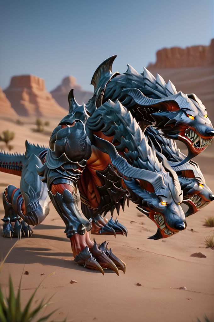 source_furry, score_9, score_8_up, score_7_up, (cerberus_xv, monster, feral), orange skin, detailed skin, armored, (((((three heads))))), yellow eyes, glowing eyes, detailed eyes, sharp teeth, claws, tail, <lora:FF_CerberusPony10:0.9>, outdoors, desert, from side, looking angry, all fours, hands on ground, zPDXL2, zPDXLpg, zPDXLrl, shaded, best quality, highly detailed, extreme detail, photorealistic