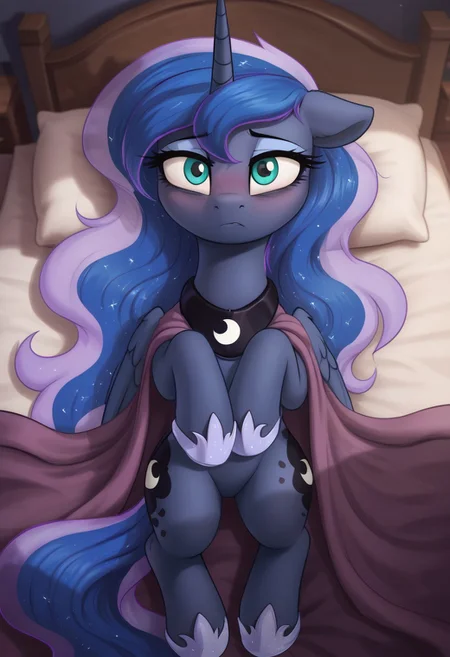 score_9, score_8_up, score_7_up, score_6_up, score_5_up, score_4_up, g4, solo, pony, princess luna, morning mane, morning eyes, bags under the eyes, wide eyes, sad, blanket, bed, on back, look at you, bedroom, full body, look at you, blushing, cute, glare, high res,