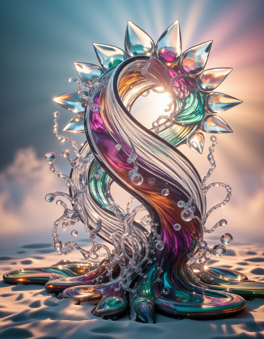 An exquisite fine-cut glass sculpture spiraling upward, enmeshed with liquid marble patterns that shimmer in hues of iridescent turquoise, magenta, and amber. The glass edges catch the light, refracting it into kaleidoscopic bursts while the liquid marble seems to ripple with life. The atmosphere is filled with glowing mist, softly fading into an opalescent gradient background, evoking a surreal dreamscape.
<lora:ral-kntcscptr-flux:1>  <lora:Fine-Cut_Glass_Flux:1>