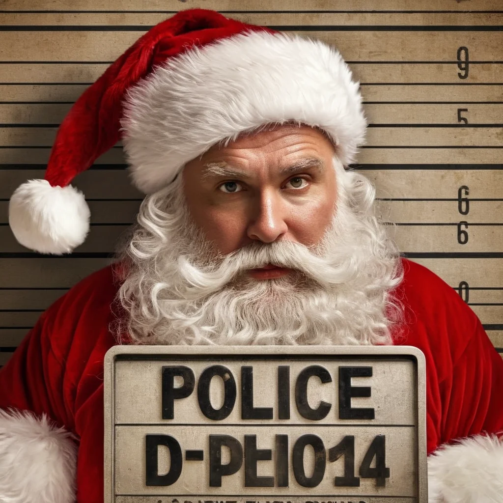 Hyperrealistic art of <lora:Santa Claus:1.2>
Santa Claus a villain santa claus mug shot with a police department sign in Christmas Eve, Extremely high-resolution details, photographic, realism pushed to extreme, fine texture, incredibly lifelike