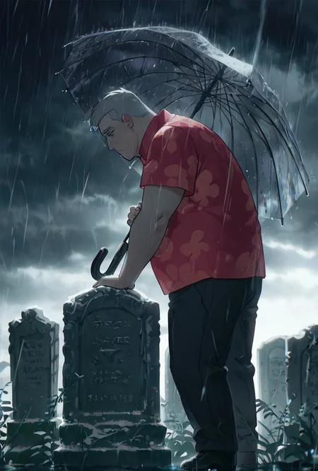 <lora:max-05:1> max, collared red shirt, grey hair, 1boy, short hair, short sleeves,red hawaiian shirt, floral print,, expressive, posing, chubby, side view, <lora:WSSKX_WAI:1> in the graveyard, holding umbrella, heavy rain, sad day, dark cloudy day, sad, near grave, looking at grave, grave with flowers,, masterpiece, best quality, amazing quality, very aesthetic, absurdres, newest,