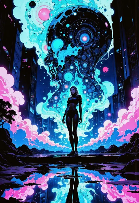 (in Otomo Katsuhiro style:1.2), masterpiece, high-quality, A mechanical dancer with segmented metal limbs that flow like liquid, Each movement generates cascading holographic patterns around her forming abstract mandalas in the air, She performs atop a polished mirrored stage that reflects a fragmented neon-lit cityscape, holographic mandalas, mirrored motion, liquid metal, (Stylized cyberpunk anime with sleek high-contrast details:1.1), (hyperdetailed:1.1), (intricate details:1.0), (Refined details:1.1), (best quality:1.1), (high resolution:1.2), <lora:FLUX\Anime v1.3:0.6> <lora:FLUX\VividlyReal:0.6> <lora:FLUX\FLUX-daubrez-DB4RZ:0.4>