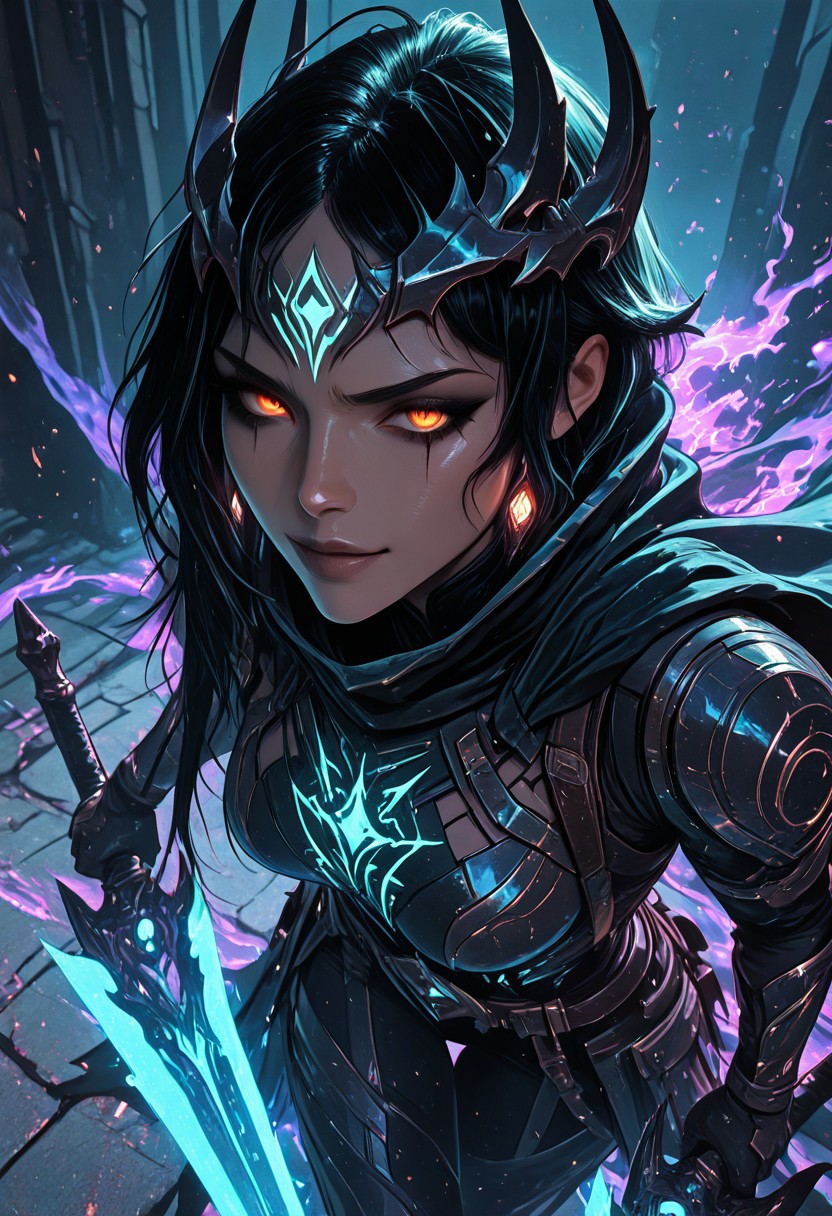 (masterpiece), (best quality), 8k, 1girl, celestial assassin, intense low lighting, glowing crescent blades, purple glow, dual-wielding, shadowed face, glowing eyes, dark eclipse sky behind her, glowing voidlight aura, Void crown, half crescent crown, orange eyes, mystical sigils on ground, long flowing cloak fluttering, sci-fi fantasy armor with celestial patterns, moonlit silhouette, cinematic perspective, ethereal particles, radiant eclipse corona, sleek asymmetrical hairstyle, atmosphere of silent finality, black eyeshadow, Void flames, Burning Cloak, Flaming cloak, 
Action Shot, Slashing blades, Fierce expression, partical effects, dynamic, Dynamic position, Dynamic angle, Combat, intense, intense expression, Anger, half smirk, sprinting at viewer, ready to strike, 
Unique, close up, cowboy shot, dutch angle, foreshortening, 
From above, Looking at viewer, Close up, Face Focus,