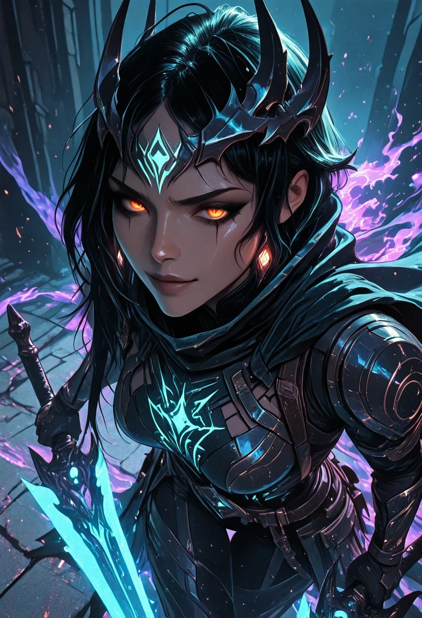 (masterpiece), (best quality), 8k, 1girl, celestial assassin, intense low lighting, glowing crescent blades, purple glow, dual-wielding, shadowed face, glowing eyes, dark eclipse sky behind her, glowing voidlight aura, Void crown, half crescent crown, orange eyes, mystical sigils on ground, long flowing cloak fluttering, sci-fi fantasy armor with celestial patterns, moonlit silhouette, cinematic perspective, ethereal particles, radiant eclipse corona, sleek asymmetrical hairstyle, atmosphere of silent finality, black eyeshadow, Void flames, Burning Cloak, Flaming cloak, 
Action Shot, Slashing blades, Fierce expression, partical effects, dynamic, Dynamic position, Dynamic angle, Combat, intense, intense expression, Anger, half smirk, sprinting at viewer, ready to strike, 
Unique, close up, cowboy shot, dutch angle, foreshortening, 
From above, Looking at viewer, Close up, Face Focus,