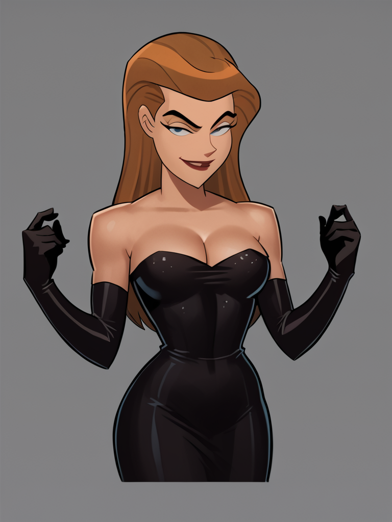 score_7_up, score_8_up, score_9, masterpiece, perfect face, perfect hands, high quality, source_anime, (1girl, solo,) <lora:Mercy_Graves_-_Justice_League_DC:1> mercygraves, brown hair, long hair, black micro dress, strapless, bare shoulders, cleavage, black elbow gloves, smirk,
