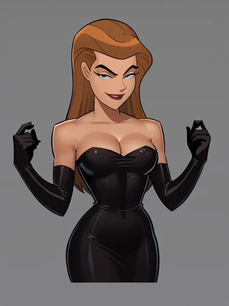 score_7_up, score_8_up, score_9, masterpiece, perfect face, perfect hands, high quality, source_anime, (1girl, solo,) <lora:Mercy_Graves_-_Justice_League_DC:1> mercygraves, brown hair, long hair, black micro dress, strapless, bare shoulders, cleavage, black elbow gloves, smirk,
