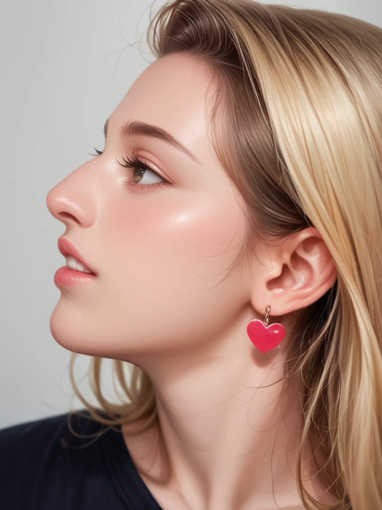 Score_9, score_8_up, score_7_up, realistic, profile, <lora:Big_Nose_Ladies:.8>bignoselady, large nose, aquiline, (nose bump), 1girl, solo, jewelry, realistic, earrings, blonde hair, heart earrings, parted lips, bow shaped lips, cupids bow, perfect teeth, moist lips, moist mouth, dewey, glow