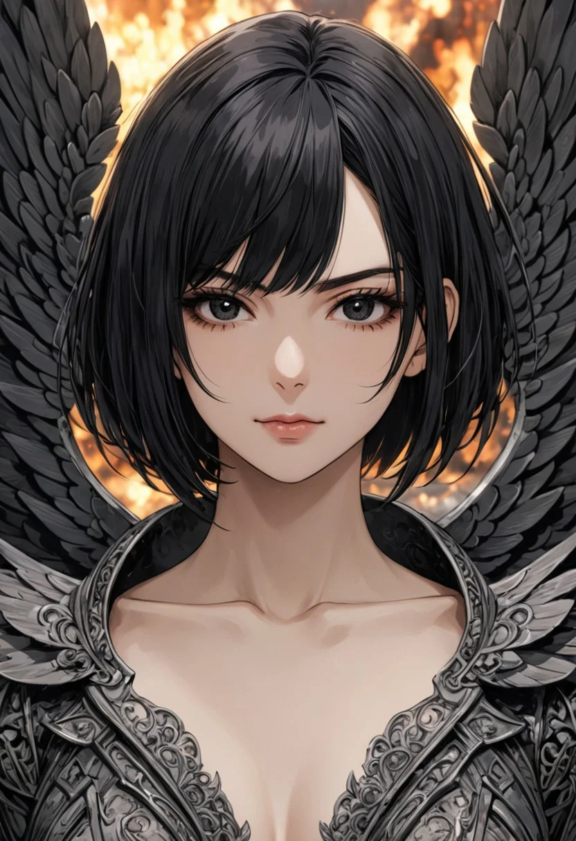 (anime, masterpiece, intricate:1.3), (best quality, hires textures, high detail:1.2), (4k),(incredibly detailed:1.4), perfect anatomy, graceful face, slim, big breasts, constricted waist, nice body, lips, arrogant look, villain, 1woman, evilish smile, high pointed nose, (nostrils:1.3), neatly, angry, 25 y/o
UHD, 8K, ultra detailed, a cinematic photograph of HDR photo of Closeup photo of a beautiful natural 22-year-old woman, black eyes, bob hair, black hair
beautiful biomechanical angel rising from the ashes opening her wings