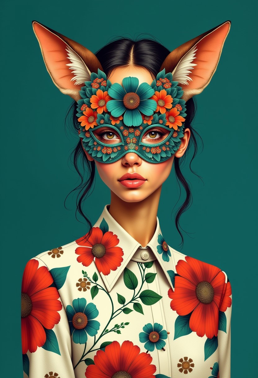 This image is an illustration in a bold, surrealistic style. The subject is a young woman with warm golden skin and a neutral expression, wearing a long-sleeved shirt adorned with large, vividly colored floral patterns in shades of crimson, emerald, and ivory. Her face is obscured by a mask with an intricate floral design featuring lilies, orchids, and chrysanthemums in striking hues of jade green, deep violet, and shimmering bronze. The mask extends down to the neck, covering the chin and part of the upper chest, and includes curved, fox-like ears that seamlessly match the floral motif. The background is a deep cobalt blue, creating a dramatic contrast with the intricate designs and the dreamlike composition. The lighting is soft and evenly diffused, casting gentle shadows that enhance the texture of the shirt and the elaborate floral patterns on the mask. The illustration style is highly detailed and surreal, with a smooth, polished finish that enhances the vibrancy of the colors and the complexity of the designs, forming a mesmerizing and otherworldly visual narrative.