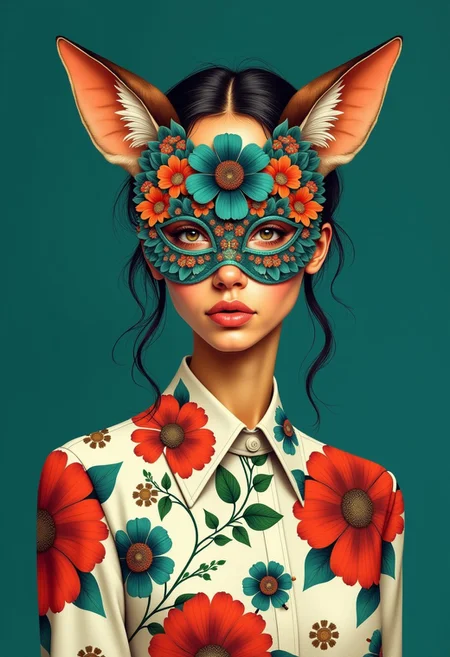 This image is an illustration in a bold, surrealistic style. The subject is a young woman with warm golden skin and a neutral expression, wearing a long-sleeved shirt adorned with large, vividly colored floral patterns in shades of crimson, emerald, and ivory. Her face is obscured by a mask with an intricate floral design featuring lilies, orchids, and chrysanthemums in striking hues of jade green, deep violet, and shimmering bronze. The mask extends down to the neck, covering the chin and part of the upper chest, and includes curved, fox-like ears that seamlessly match the floral motif. The background is a deep cobalt blue, creating a dramatic contrast with the intricate designs and the dreamlike composition. The lighting is soft and evenly diffused, casting gentle shadows that enhance the texture of the shirt and the elaborate floral patterns on the mask. The illustration style is highly detailed and surreal, with a smooth, polished finish that enhances the vibrancy of the colors and the complexity of the designs, forming a mesmerizing and otherworldly visual narrative.
